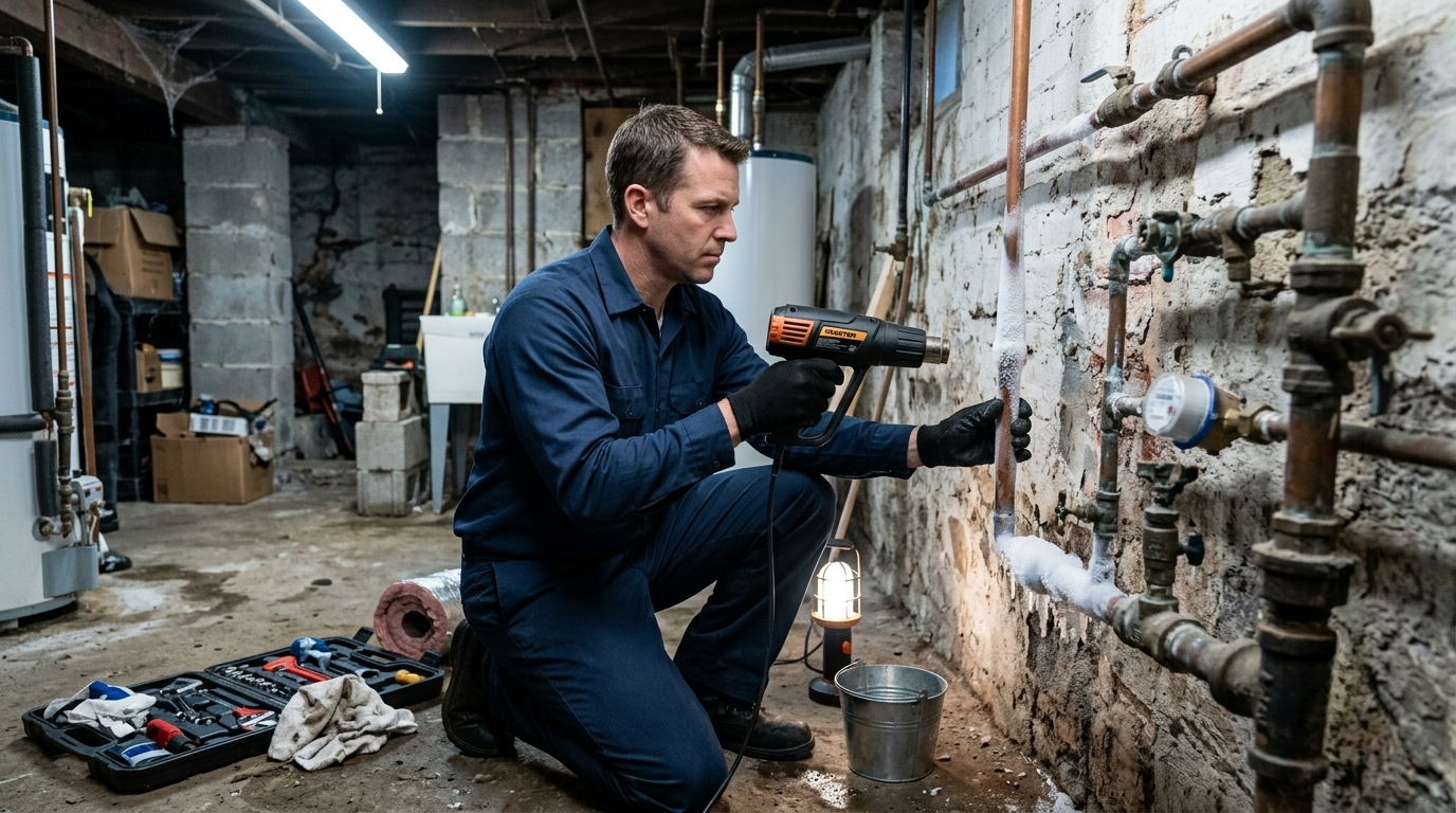 Plumber thawing frozen pipes with tools